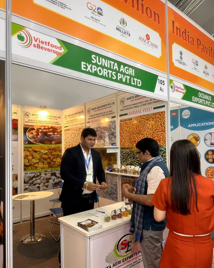 Sunita Agri Exports team with buyers at Vietfood & Beverage · India pavilion