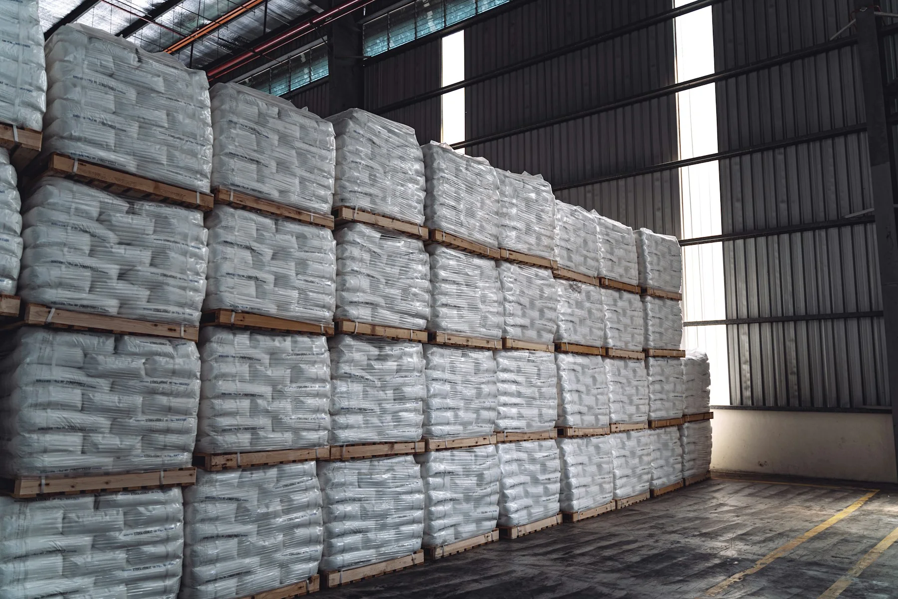 Palletised bags in the warehouse